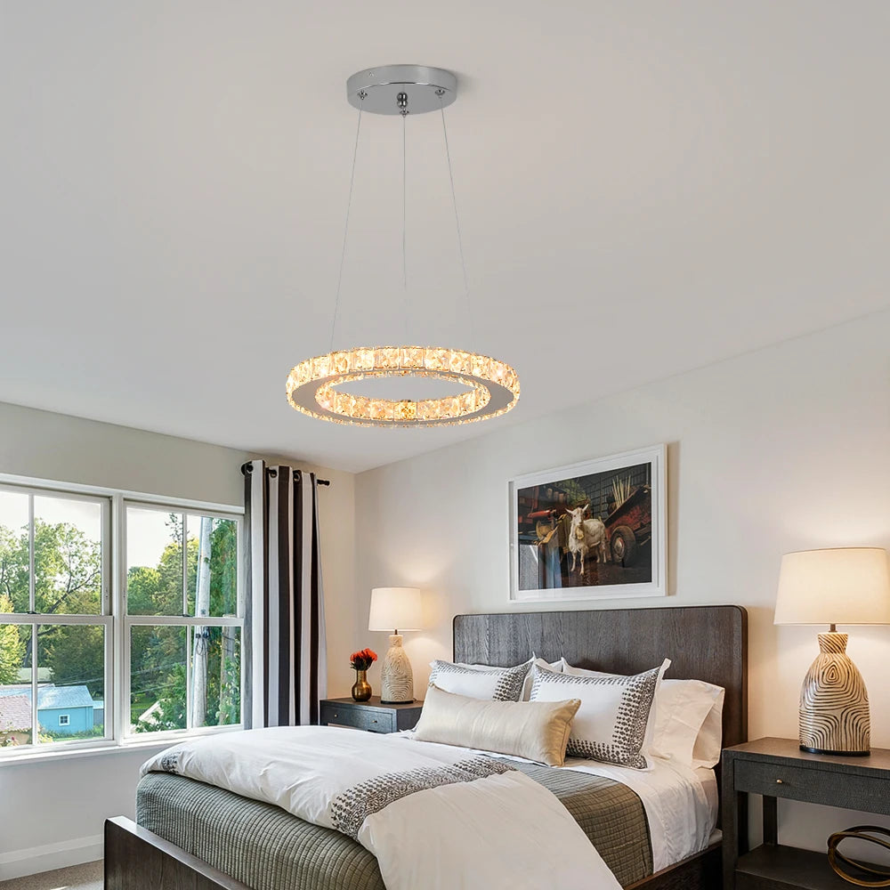 Modern Crystal Ceiling Lamp Luxury Rings Chrome Pendant Lighting Plafon Led Lamparas Indoor Fixtures Stainless Steel Hanging Lam