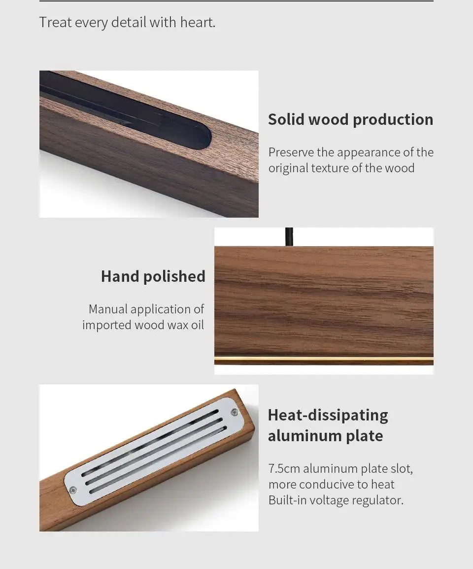 Wooden Pendant Lights Hanging Lamp Modern Table LED Long Linear Light Kitchen Island Lighting for Dining Living Room Office