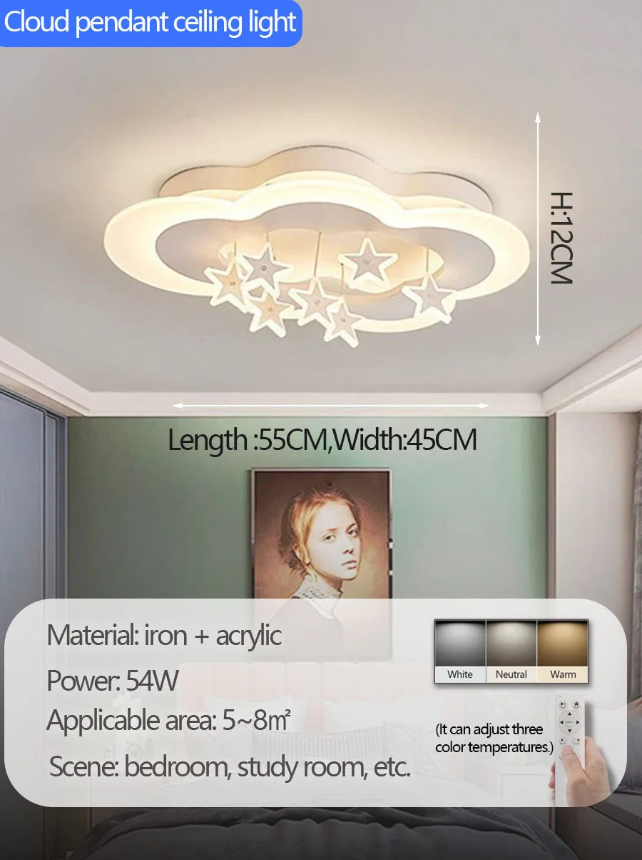 Children's Lamp: Modern Minimalist Star and Cloud Ceiling Light for Boys and Girls, Romantic LED Fixture for Study and Bedroom