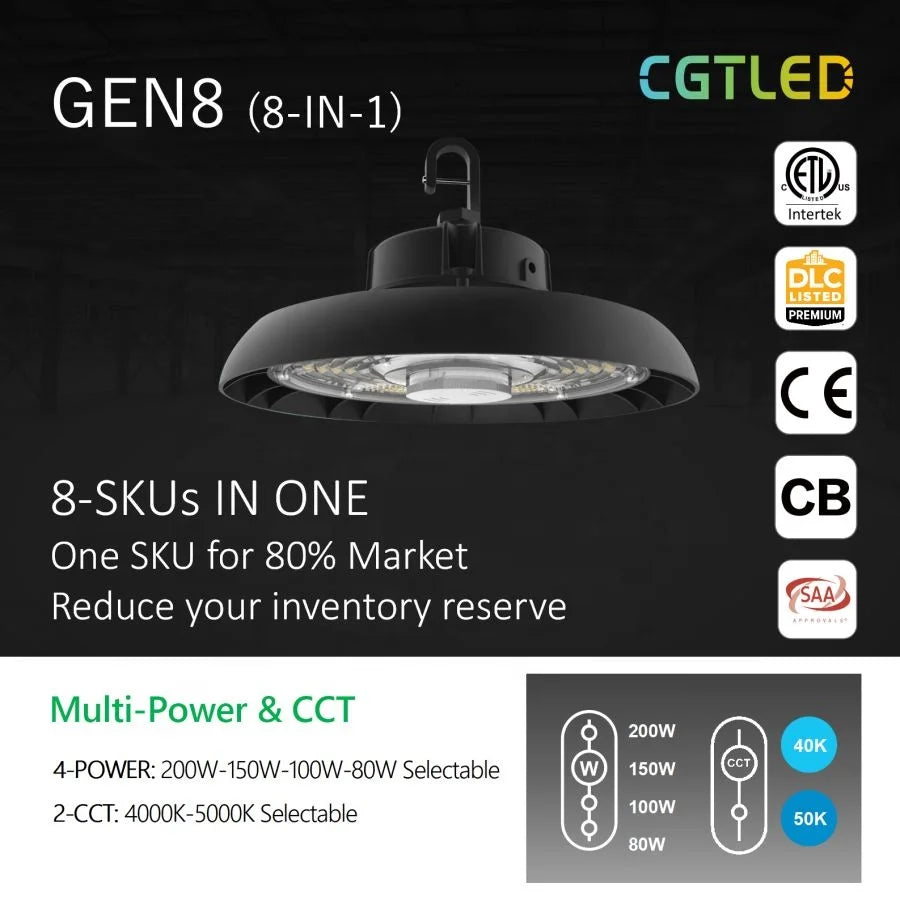 8-in-1 Power and CCT Switchable Economic 150lm/w Black LED Industrial High Bay Lighting for 5 years warranty