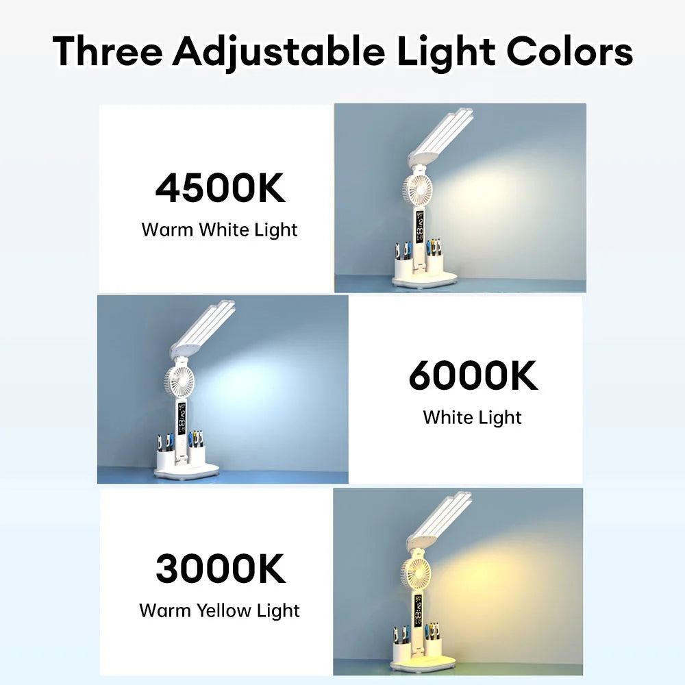 Multi-use Table Lamp Folding Time Date Display Desktop Fan Lamp Tricolor LED Reading Lamp with Pen Holder for Bedroom Office