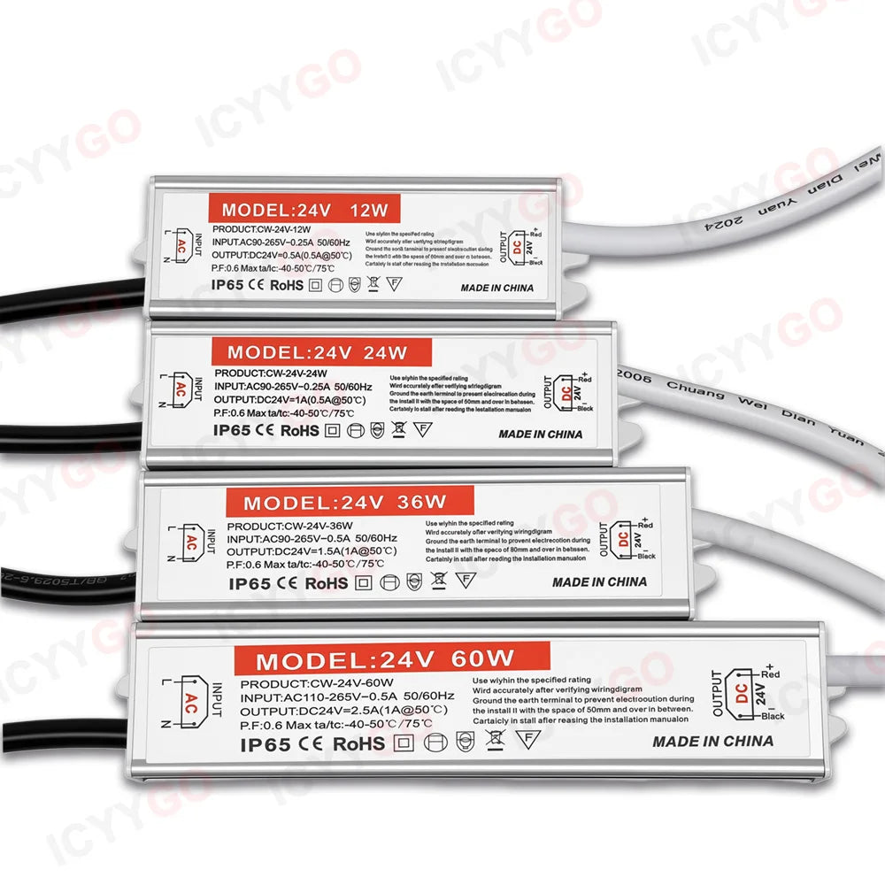 12W 24W 36W 60W IP68 Waterproof Power Supply Transformer For Outdoor Lighting, AC90-265V to 12V/24V Waterproof LED Driver