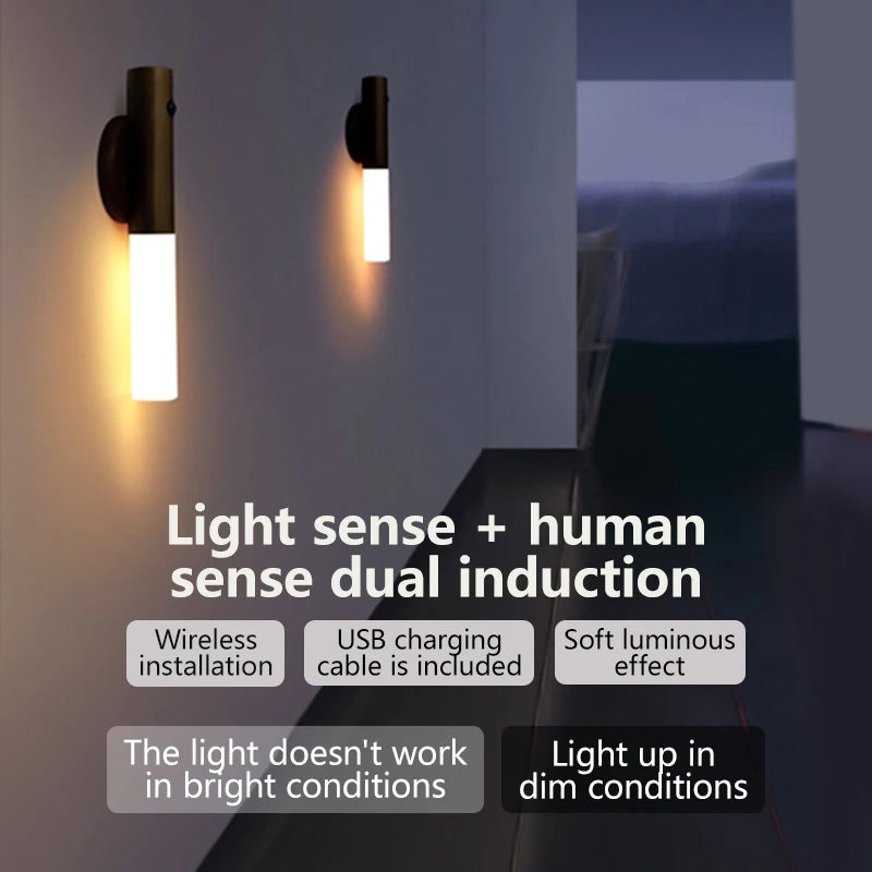 LED Wood Night Light PIR Motion Sensor Magnetic Wall Lamp USB Rechargeable Lights Home Staircase Bedroom Lamps Bedside Lighting