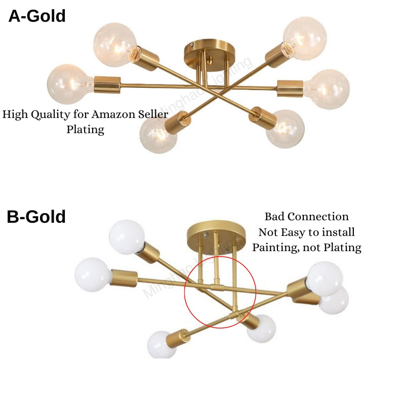 Modern Chandelier Nordic Semi Flush Mount Ceiling Lamp Brushed Antique Gold Home Decor Lighting Fixture