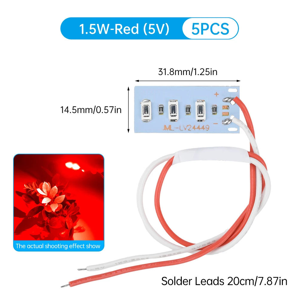 5-Pack 1.5W 5V 5730 SMD LED Color Lamp Boards with Wires - High-Brightness Light Source Modules (Red, Yellow, Green, Blue, Warm White)