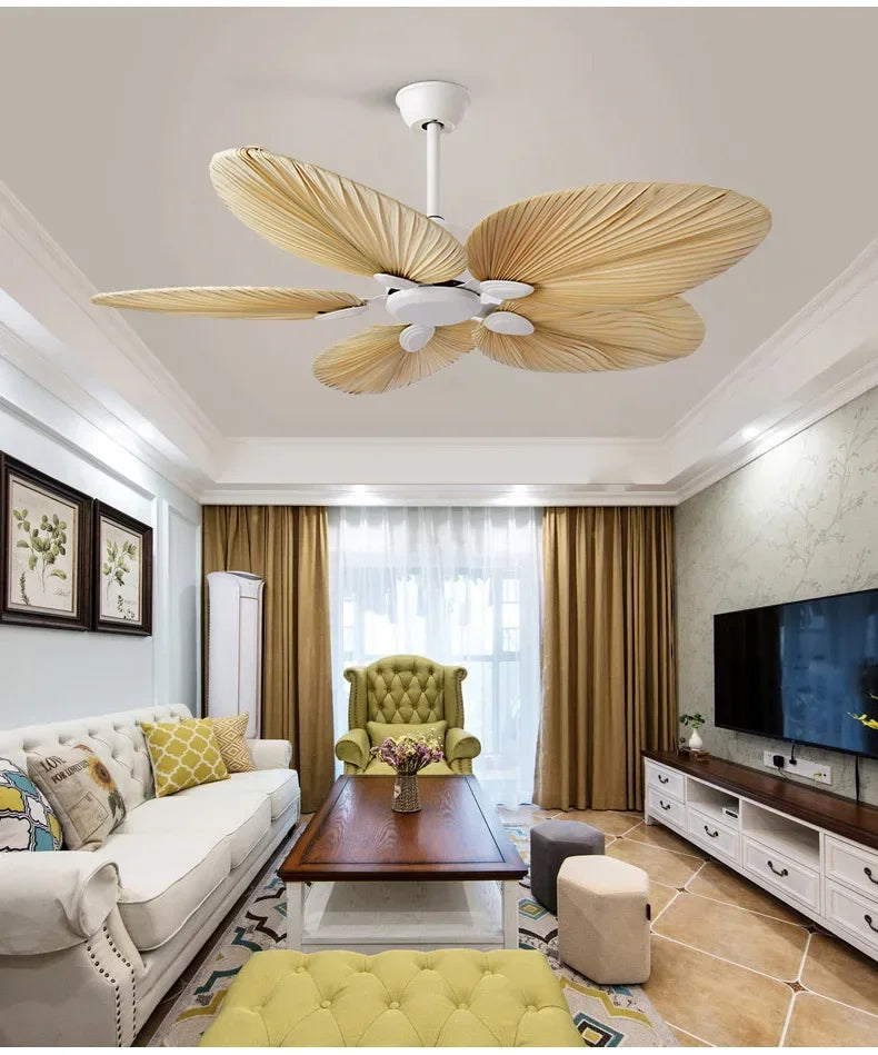 New High Quality 52inch Factory Price Natural Breeze Palm Leaf Fan Blades 110V 220V Ceiling Fan with Remote Control Living Room