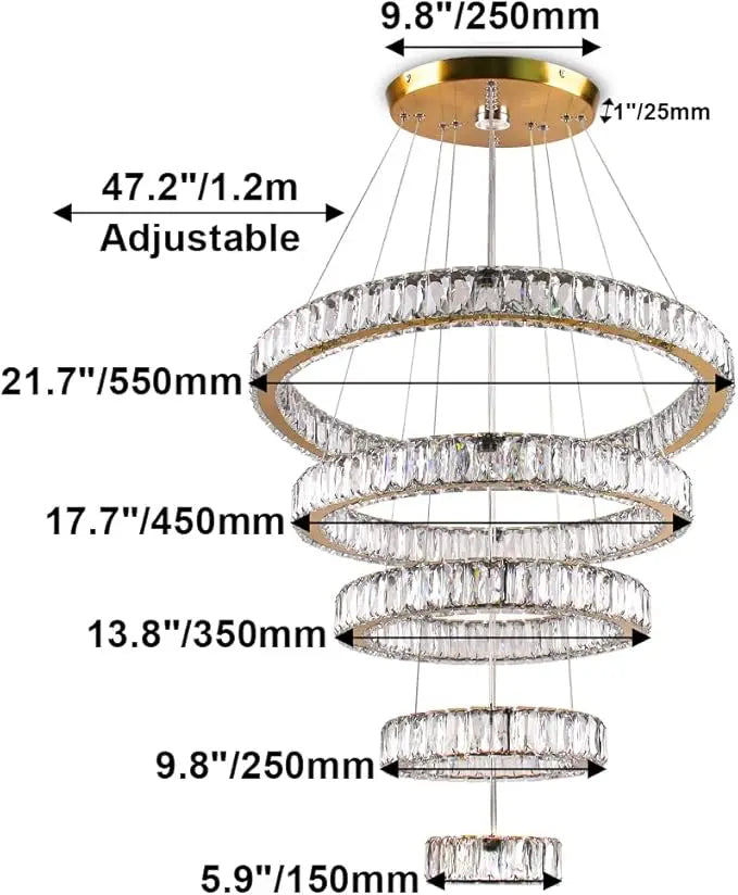 LED Crystal Chandeliers, Modern 5 Rings Pendant Light Titanium Gold Stainless Steel Height Adjustable Ceiling Light for Be