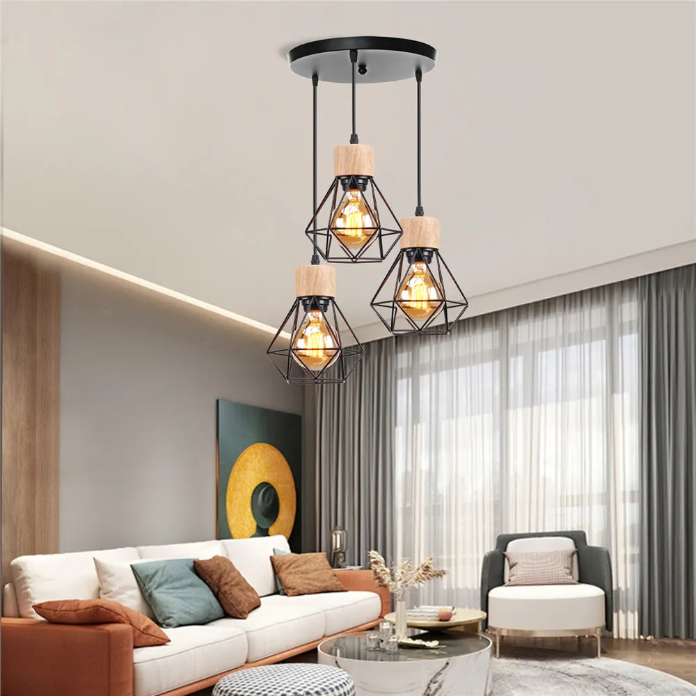 3-Heads Dining Table Chandelier Iron Wooden Lampshade Hanging Lamp for Kitchen Island Bedroom Modern Suspension Pendant Lighting