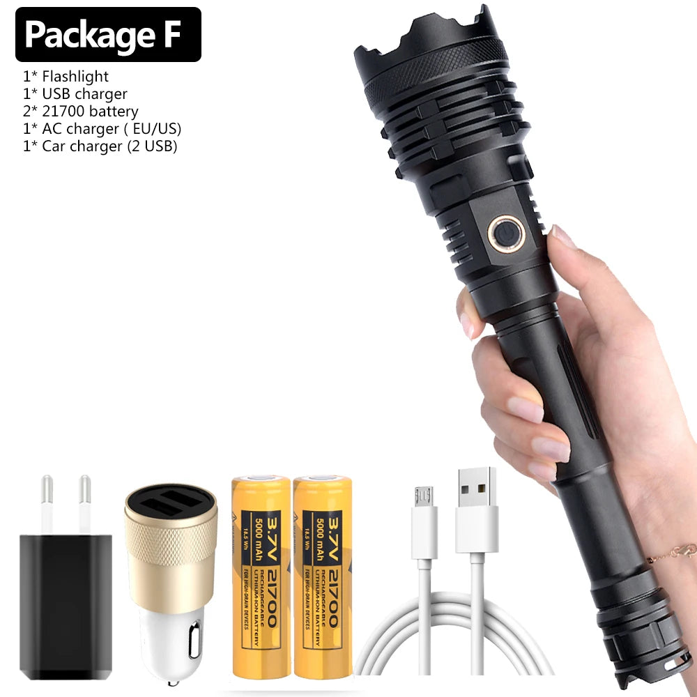 The Most Brightest Led Flashlight XHP110.2 16-core Power Bank 10000mah Torch Usb Rechargeable 21700 Battery Zoomable Lantern 50W