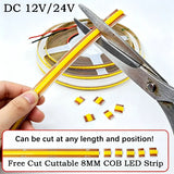 DC 12V/24V High-Density 8mm COB LED Strip Light (400/528 LEDs/m, Cuttable) - Flexible Seamless Tape Light for Indoor Home Decor (0.5m–10m)