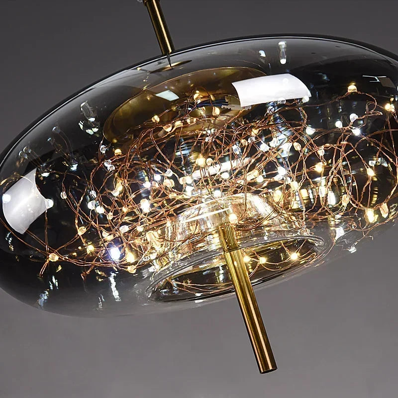 LED Nordic Net Red Bedside Chandelier Girl Light Glass Small  Luxury Long Line Personality Art Full of Stars Hotel Bar Xn