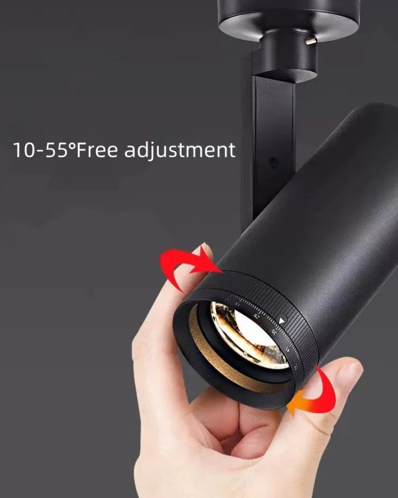Free rotation adjustable focus 10 ° -55 ° track light dimmable surface mounted ceiling spotlight