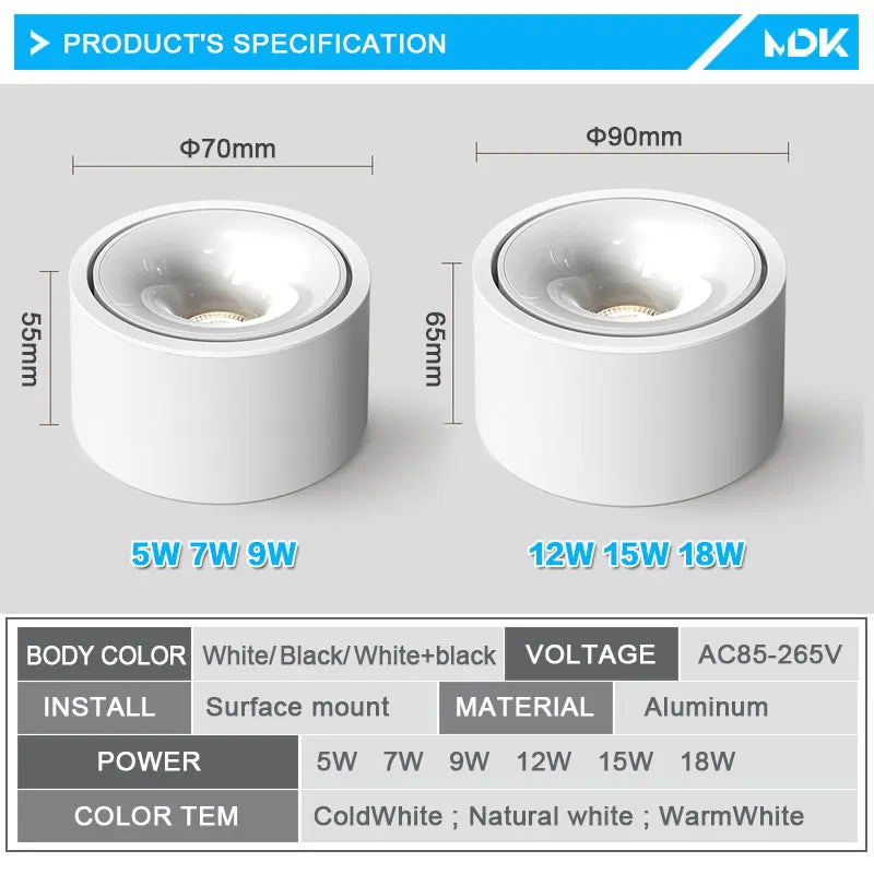 LED Adjustable Surface Mounted Downlight AC110-220V Dimmable 7W 9W 12W 15W 18W 5W Anti Glare Ceiling Indoor Parlor