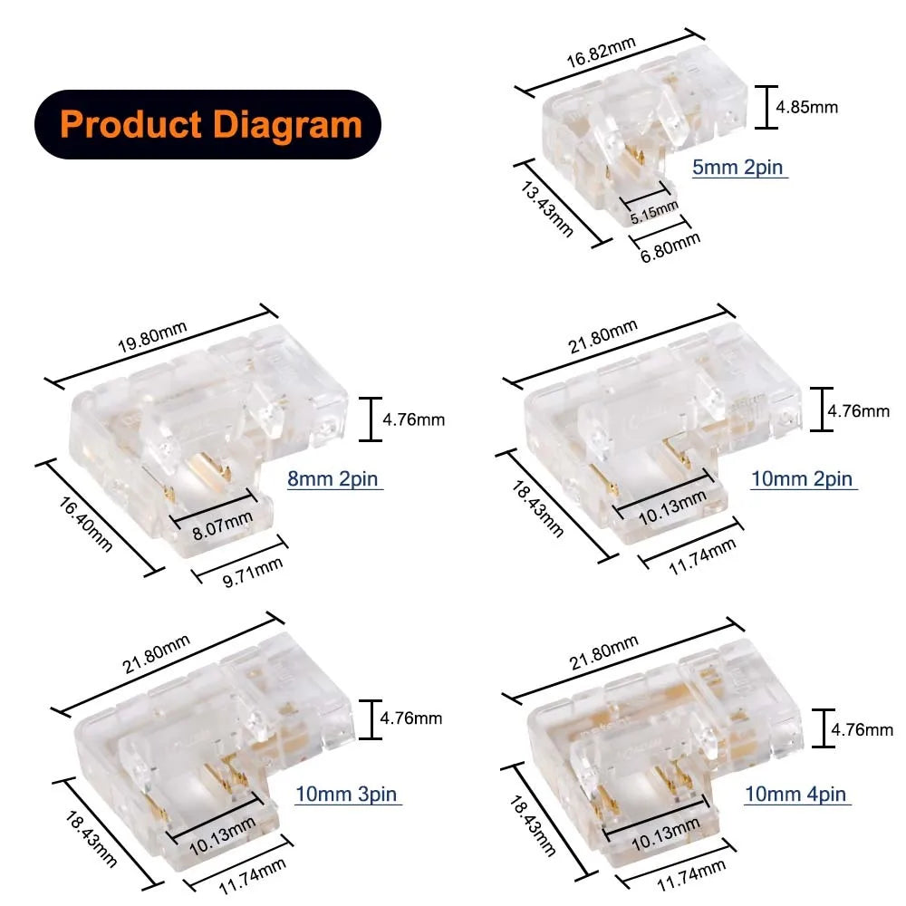 COB LED Connectors 90 Degree L Shape Corner 5/8/10mm Solderless For CCT FCOB RGB Strip Lights 2/3/4 Pin Connector Strip to Strip
