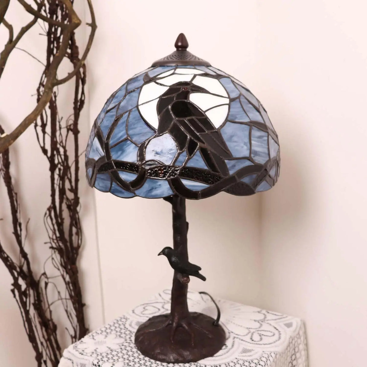 Raven Moon Stained Glass Table Lamp - 20" Gothic Night Light (Dark Blue)