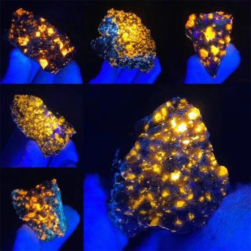 Natural Flame Fire Stone Home Decoration Ornament Fluorescent Sodalite Mineral Crystal Long-Wave UV 365NM Collection Specimens