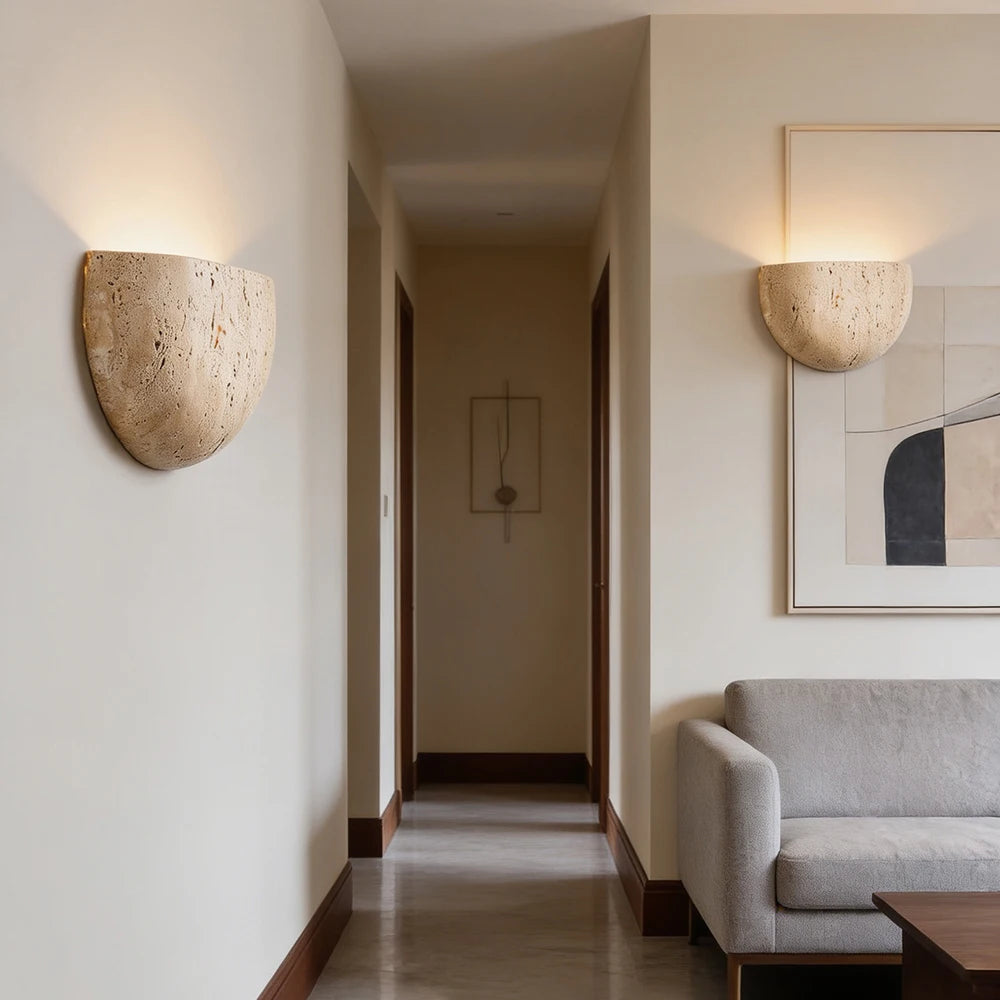 Wabi-Sabi Retro Yellow Cave Stone LED Wall Lamp - Natural Travertine Accent Sconce Light Fixture for Bedroom Bedside, Hallway & Entrance Background Decor