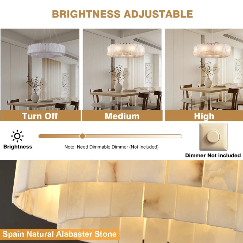 Modern Natural Marble Dimmable Pendant Light - Round Alabaster Ceiling Chandelier Fixture for Living Room & Dining Room