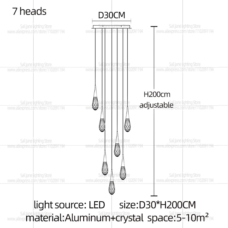 Modern Luxury Crystal Chandelier Hanging Staircas Water Droplet Pendent Lamp Villa Living Room Ceiling Light Attic Pendant Light
