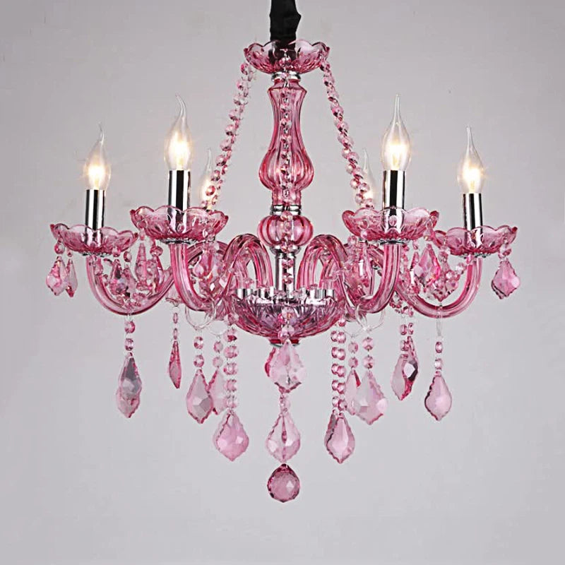 French Princess Room Crystal Pink Chandelier Villa Hotel Dining Table Candlelight Glass Decoration Rose Red LED Pendent Lamp