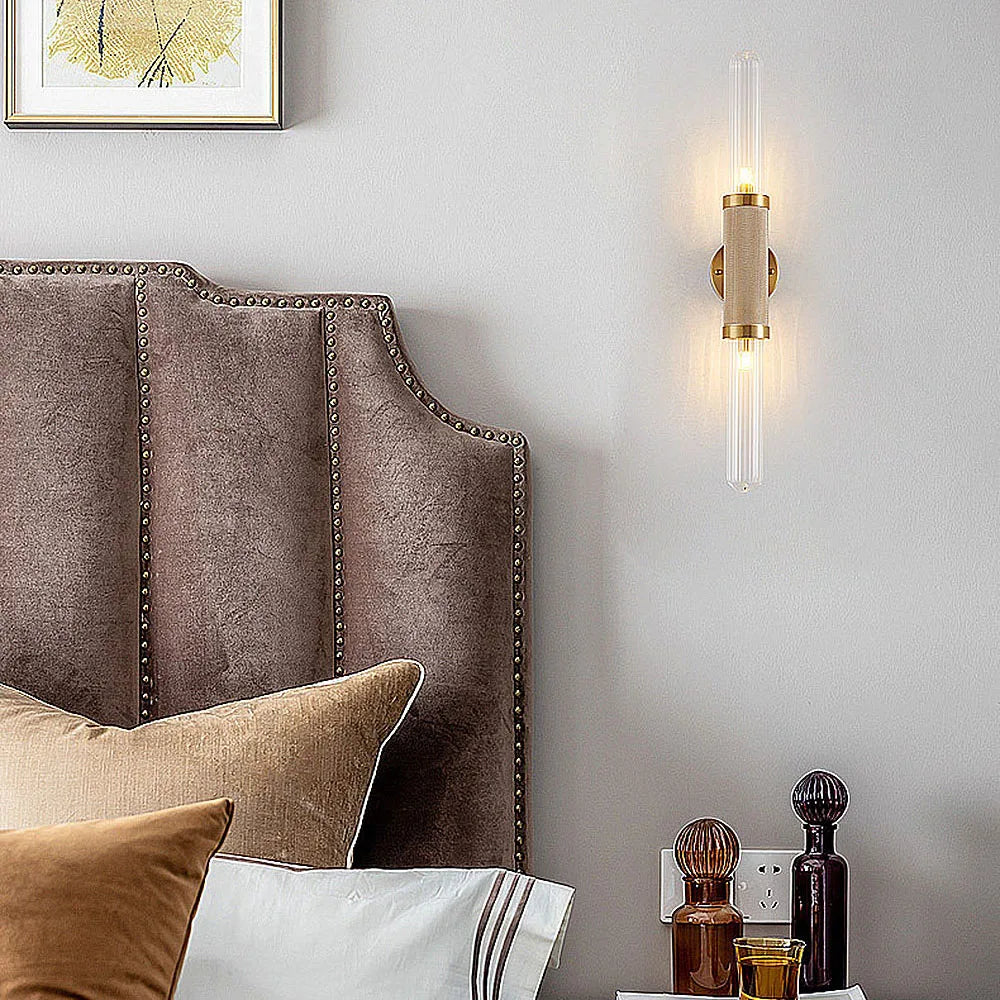 Modern Gold Wall Sconce 2-Light Ribbed Glass Wall Lamp for Bedroom Living Room