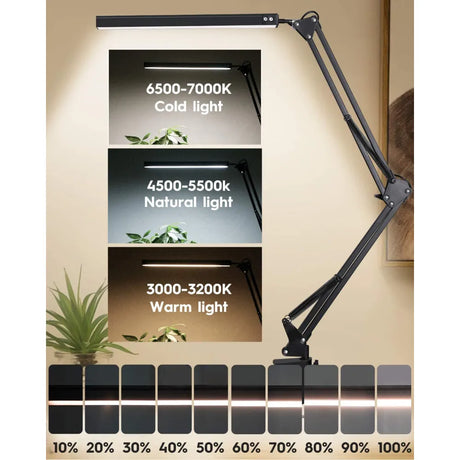 LED Desk Lamp with Clamp 10W Swing Arm Desk Lamp Eye-Caring Dimmable Desk Light with 10 Brightness Level, 3 Lighting Modes