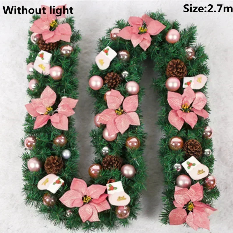 Christmas LED Rattan Garland 2.7m Artificial Xmas Tree Wreath, Decorative Banner for Home Fireplace Door Staircase Party Decor