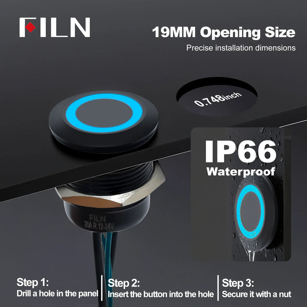 19mm 20A Push Button Switch - IP66 Waterproof Metal LED Light