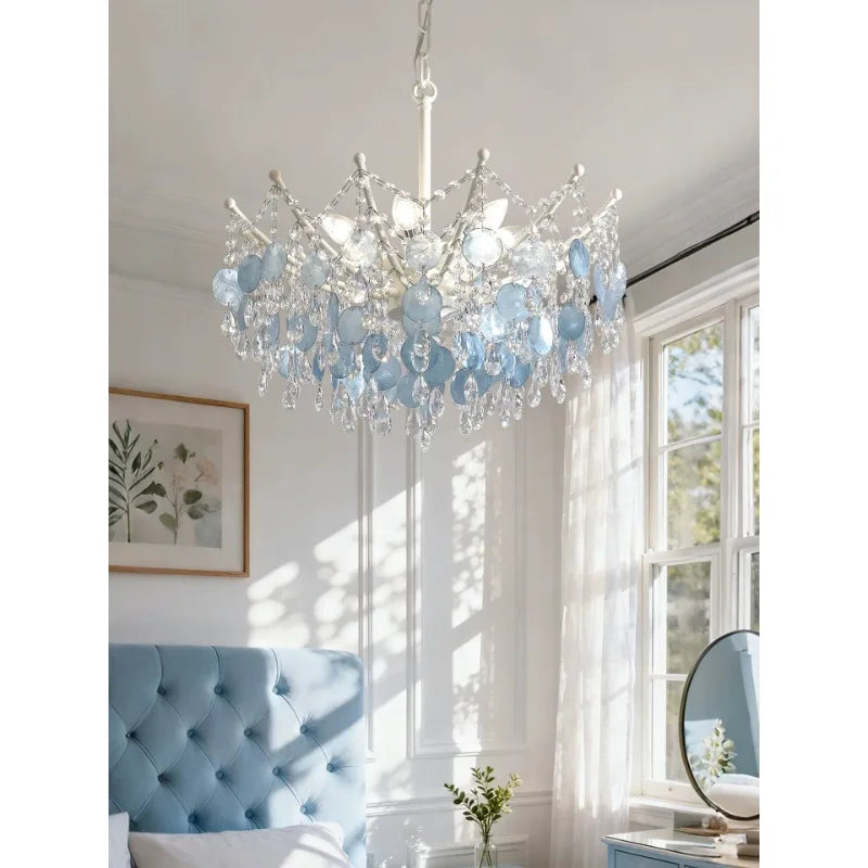 French Vintage-Style Living Room Chandelier In A Retro Blue Shell Villa Duplex Bedroom Crystal Lamp With A Sophisticated Touch