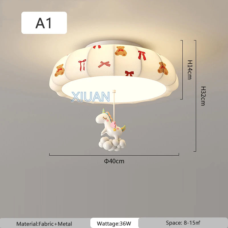 Cartoon Bear Horse Rabbit Ceiling Lamps for Children's Room Bedroom Nursery School Boy Girl Pink Blue Fabric Chandelier Light