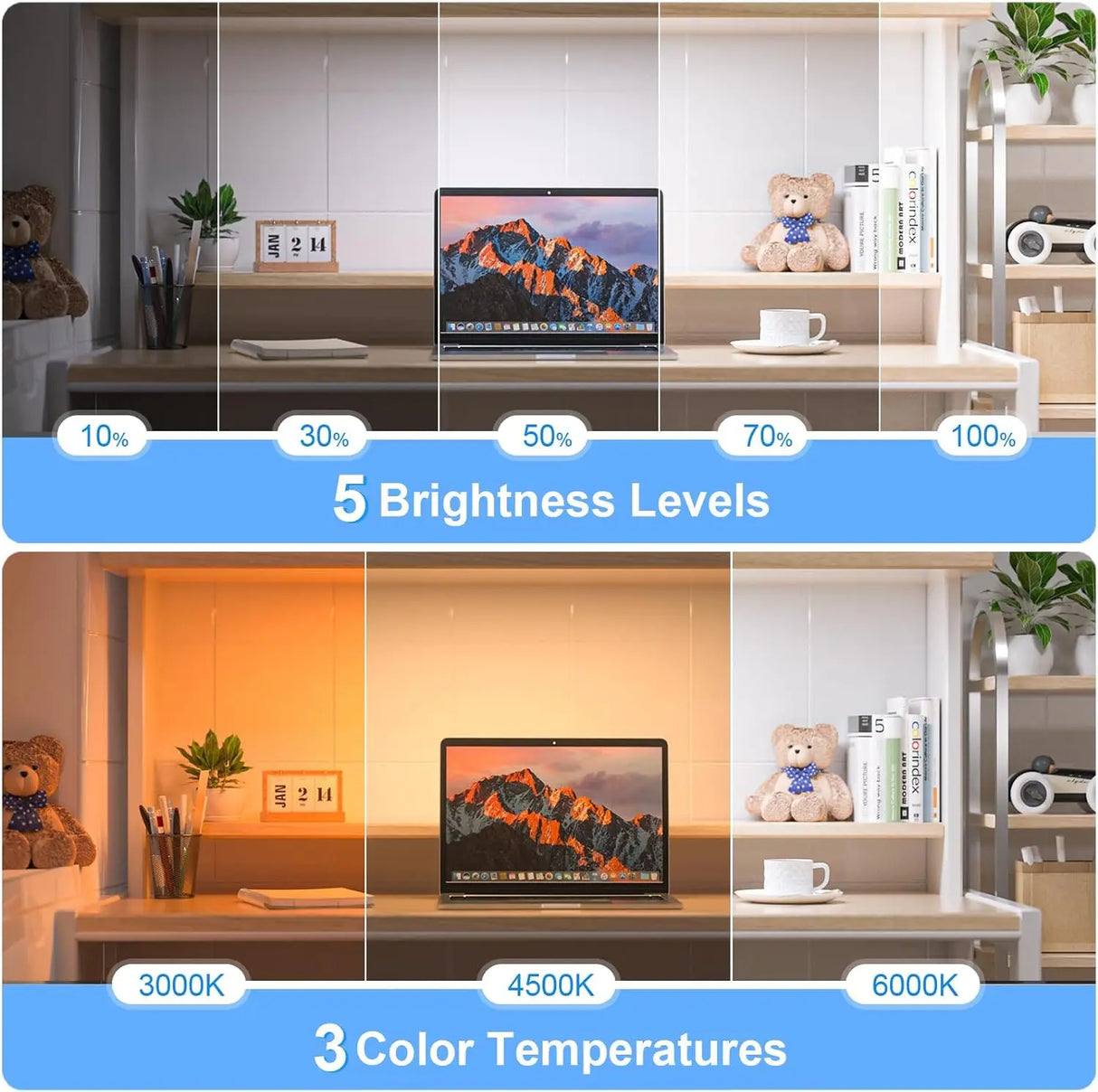 Rechargeable LED Under-Cabinet Light - 3 Colors Dimmable Makeup & Closet Light