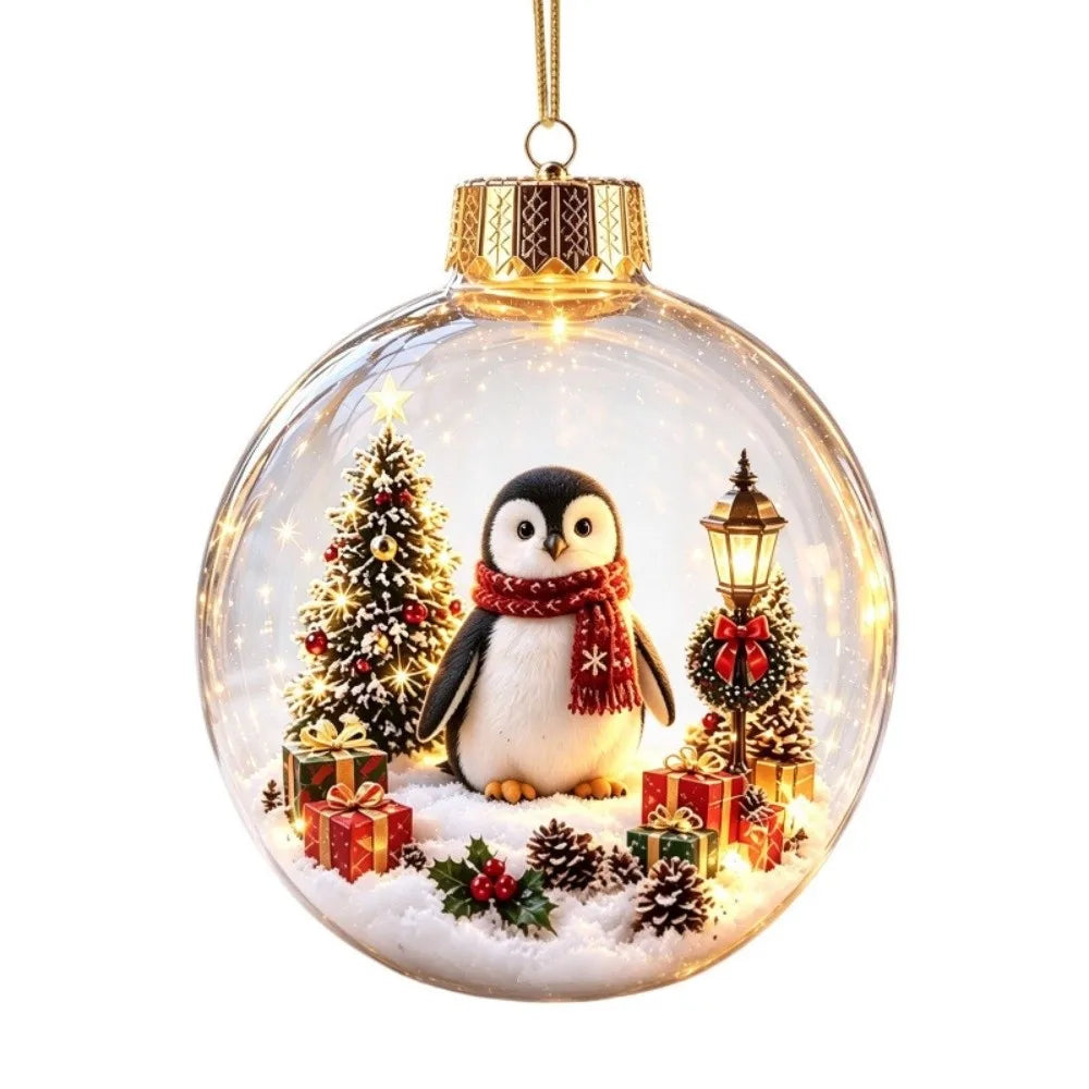 Acrylic Light-Up Christmas Ball Ornament Transparent Snowman Xmas Tree Hanging Pendant Animal Pattern Penguin