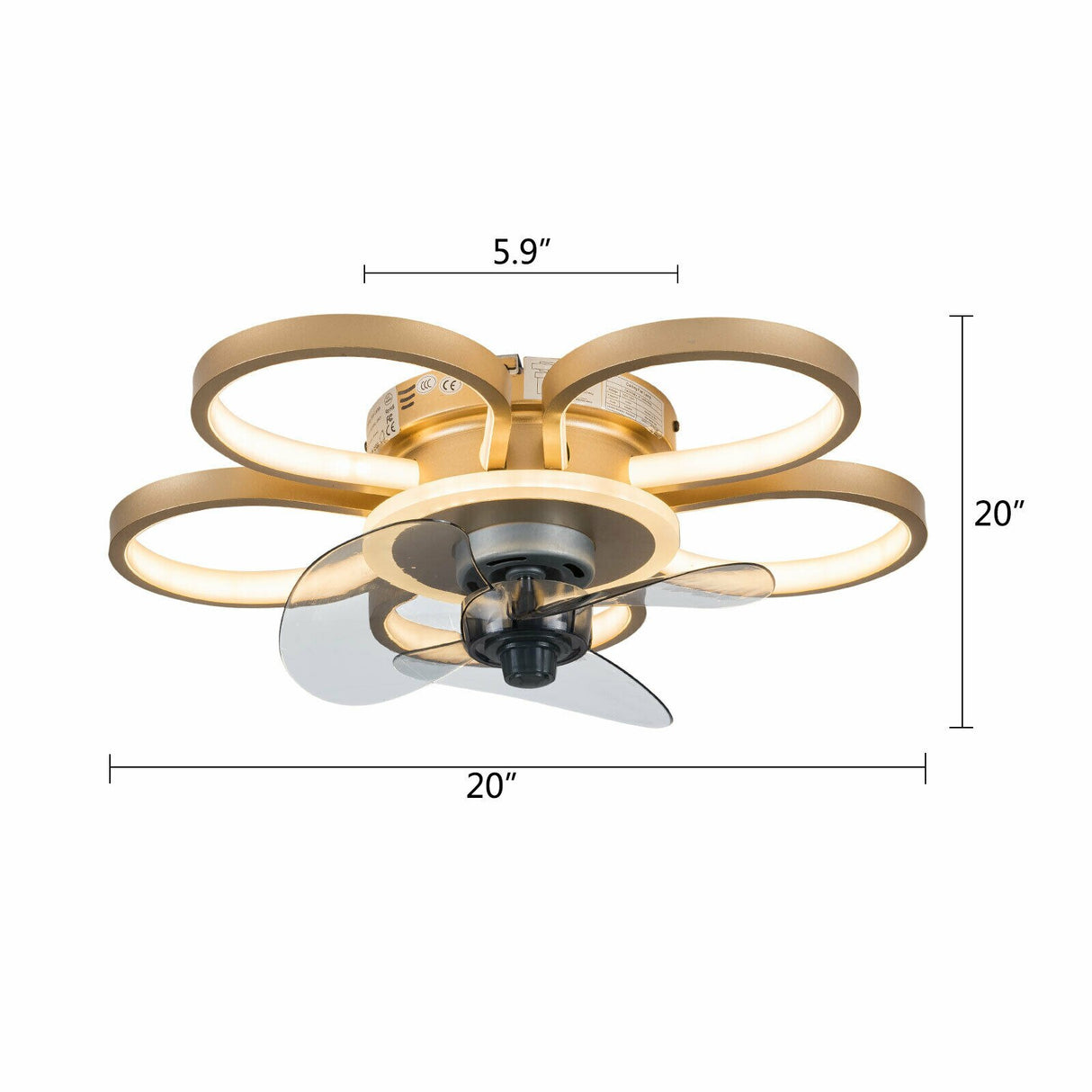 20 Inch Bladeless Ceiling Fan with Light and Remote Control 3 Light Color 3 Wind Speed Timing Silent Gold Enclosed Ceiling Fan