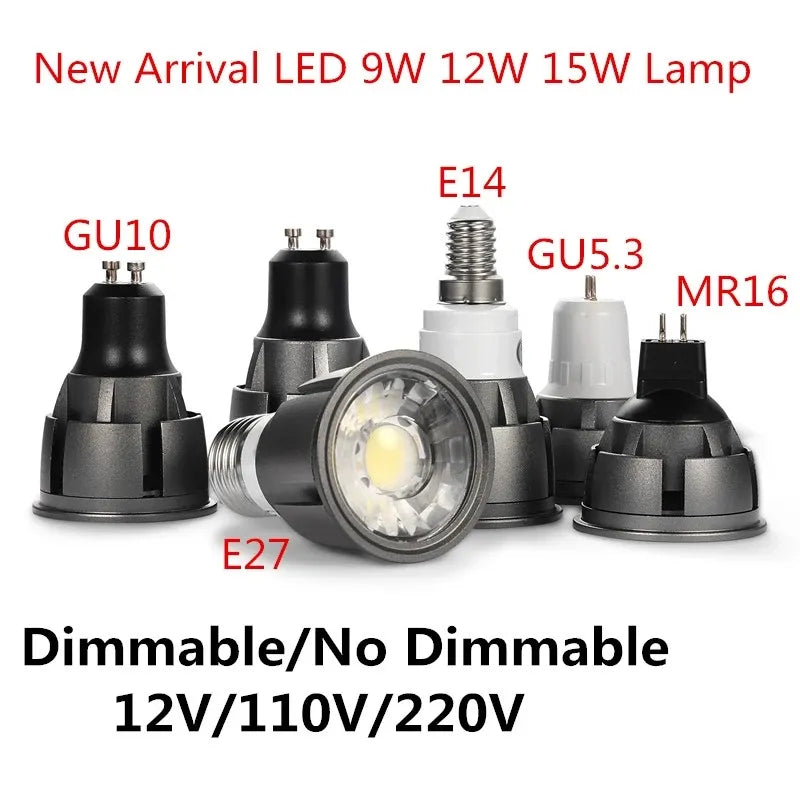 Super Bright Dimmable GU10/GU5.3/E14/E27/MR16 COB 9W 12W 15W LED Bulb Lamp 85-265V 12V spotlight Warm White/Cold White led light