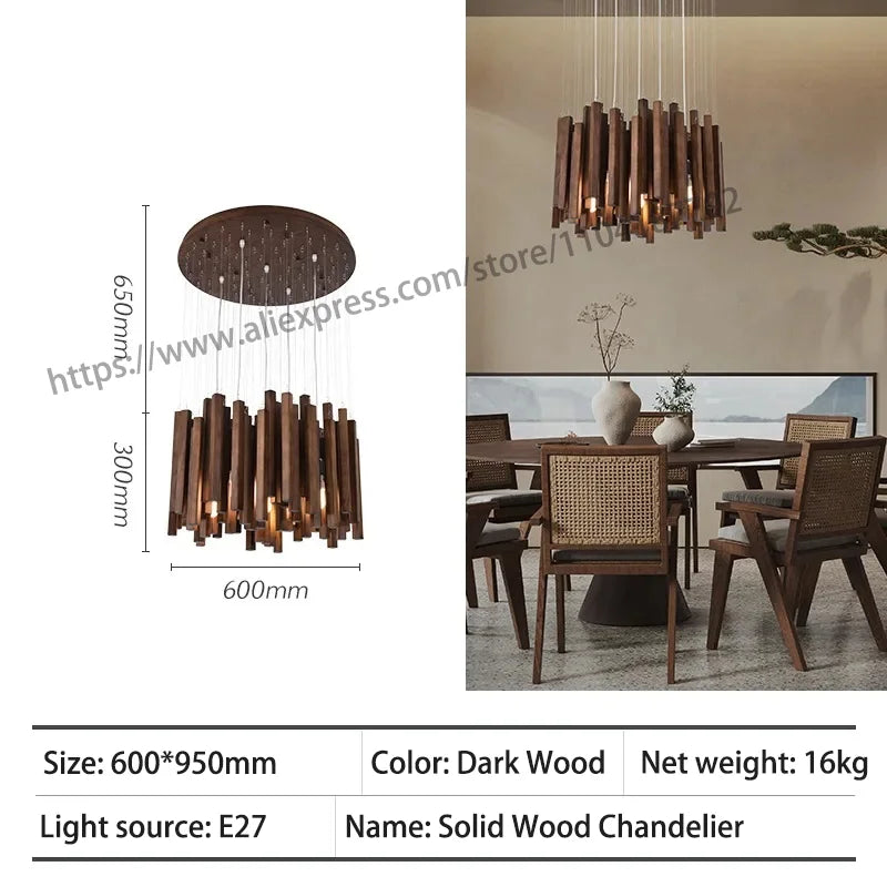 Retro Wooden Hanging Chandelier Light Dining Table Solid Wood Led Pendant Lamp Living Room Kitchen Chandelier Lighting Fixture