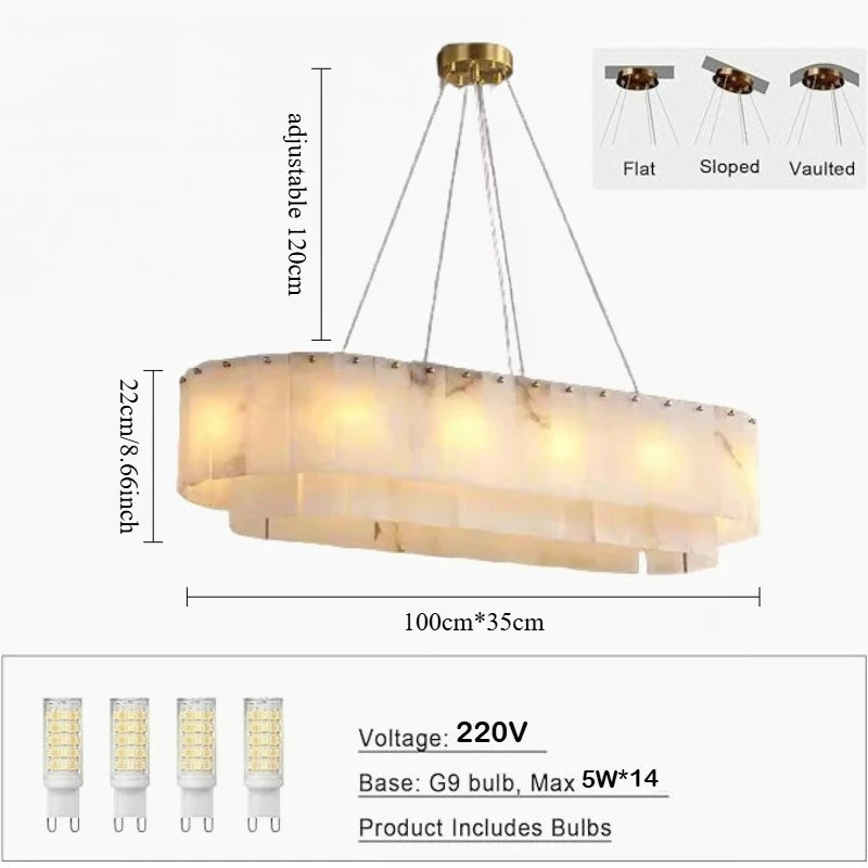Modern Natural Marble Dimmable Pendant Light - Round Alabaster Ceiling Chandelier Fixture for Living Room & Dining Room