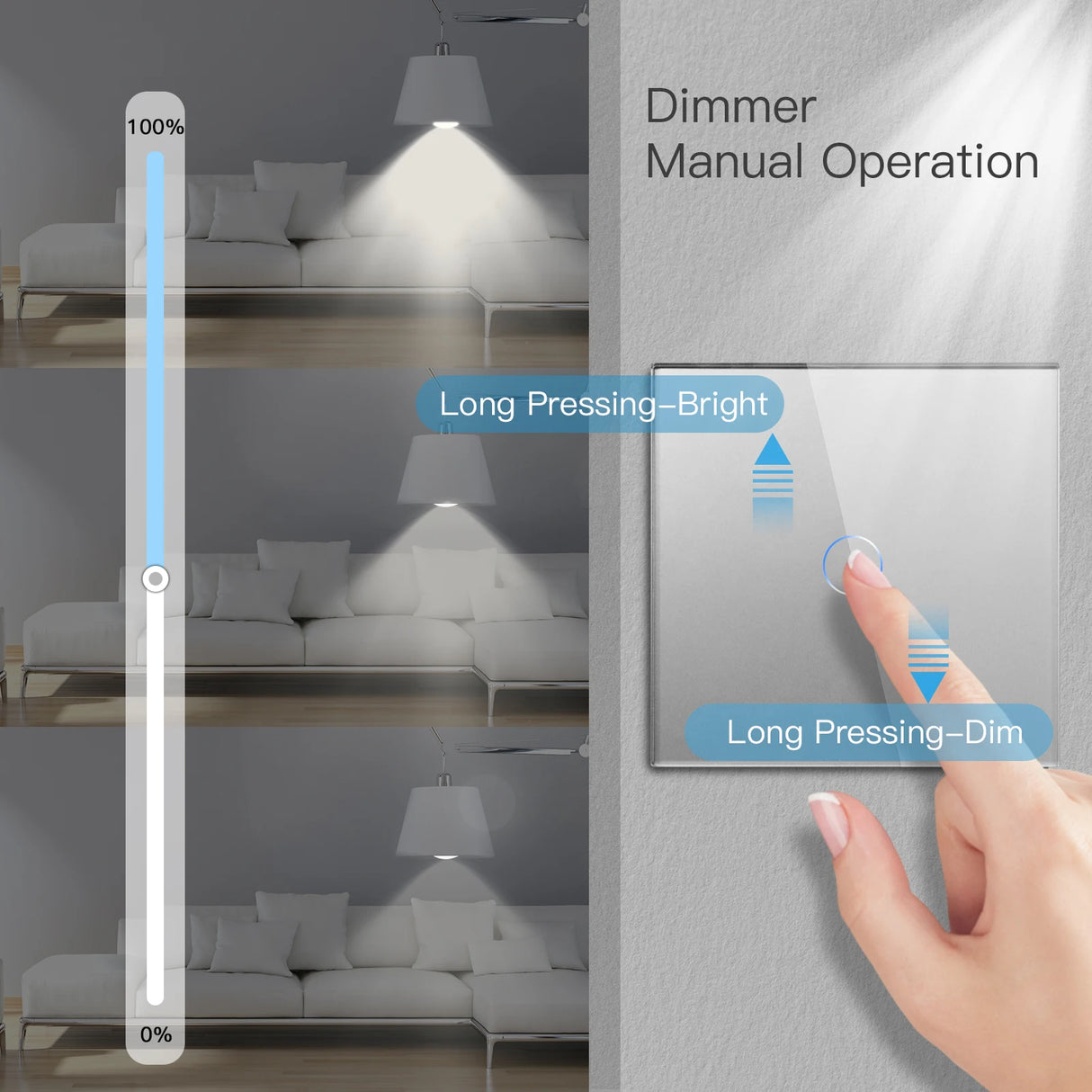 LED 1Gang Wall Dimmer Switch 1way Touch Sensor Switch Led Light Wall Switch Glass Panel EU Standard Blue Backlight 10A