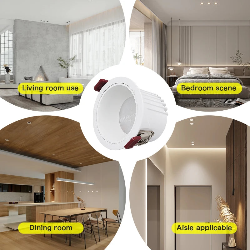 Anti-Glare Recessed LED Spotlight - 7W 12W Matte Black & White Downlight