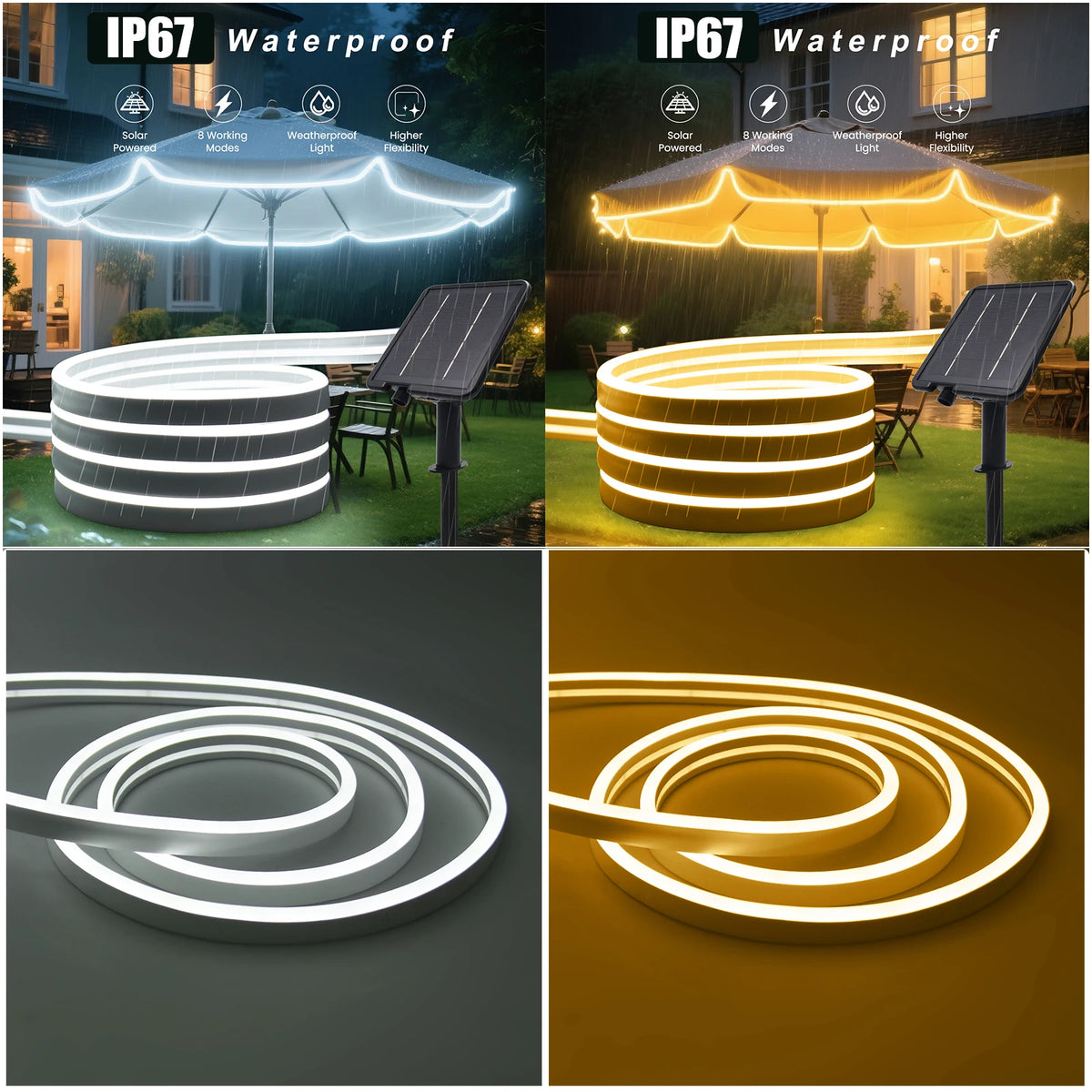 Solar Powered DC 24V Neon Strip Light (IP67 Waterproof, Warm/Cold White) - Flexible Outdoor Garden Decor LED Rope Ribbon Lamp