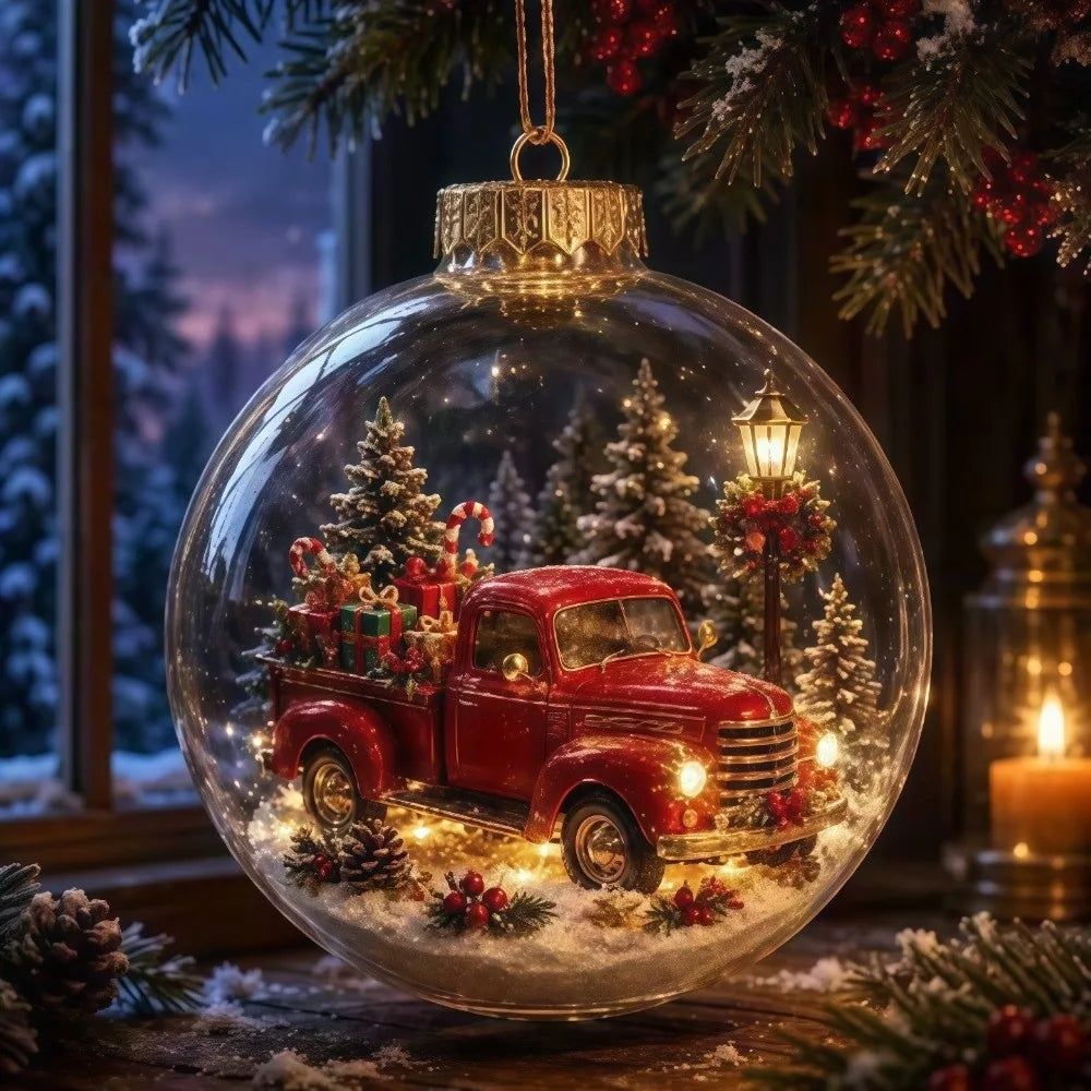 Clear Round Shape Christmas Ball Ornament Warm Light Built In Light Christmas Bauble Miniature Scene Hanging Loop Story Ornament