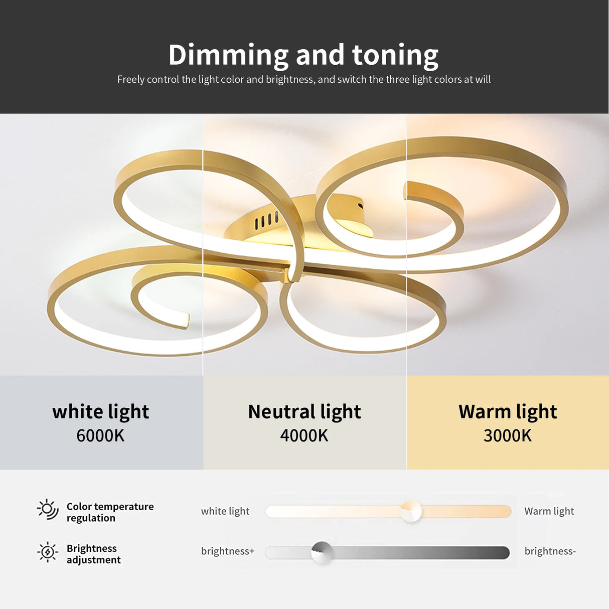 Gold LED Ceiling Light AC 110V 220V 3 Colors Lamp APP Remote Dimming