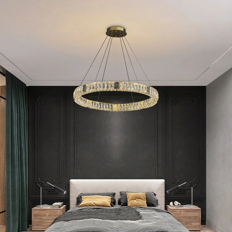 Nordic Luxury Ring K9 Crystal Chandelier Villa Living Dining Room Bedroom Ceiling LED Pendant Light Indoor Lighting Hanging Lamp