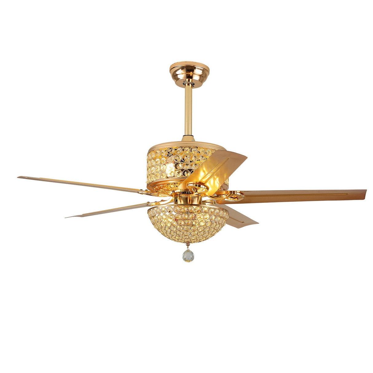 Crystal Ceiling Fan Light with Remote Control Reversible Wooden Blades Fan Chandelier for Living Room
