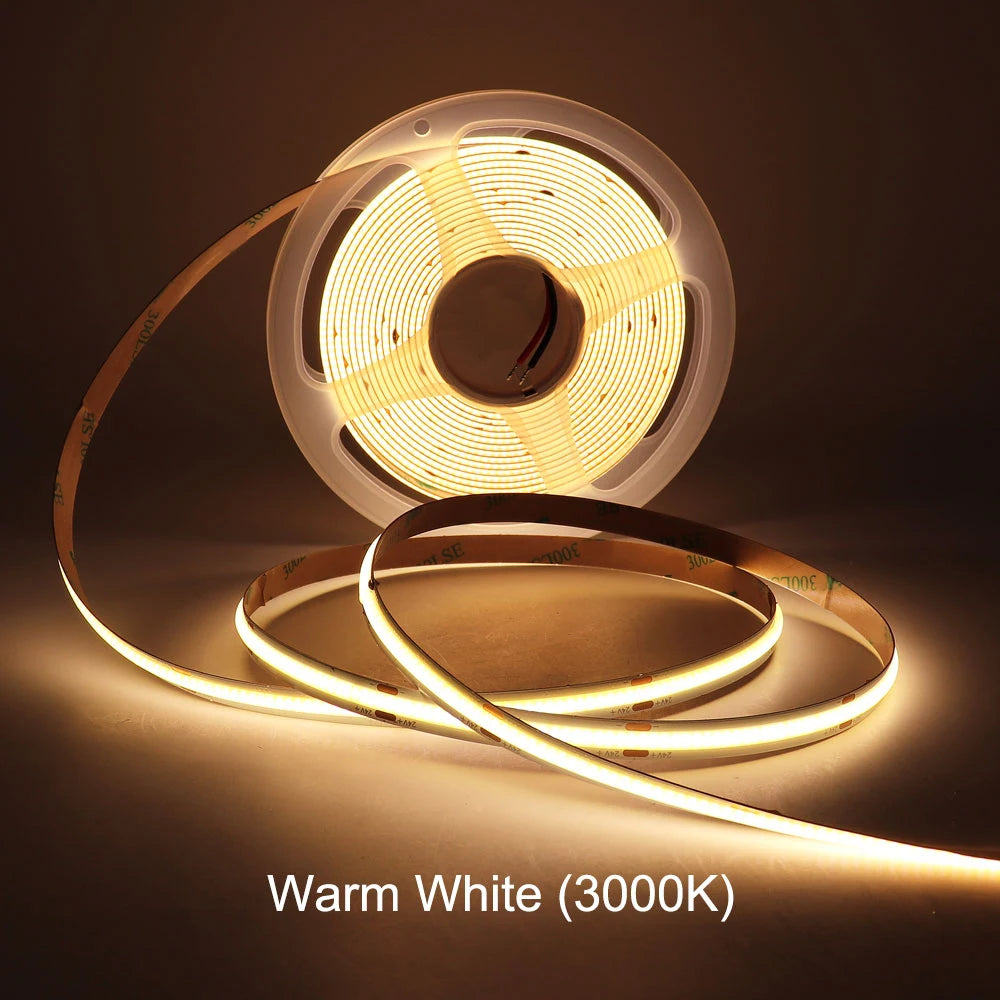 24V Super Bright COB LED Strip Light (312/576 LEDs/m, 5M/10M) - Flexible Cuttable High-Density Tape Light with Adhesive Backing