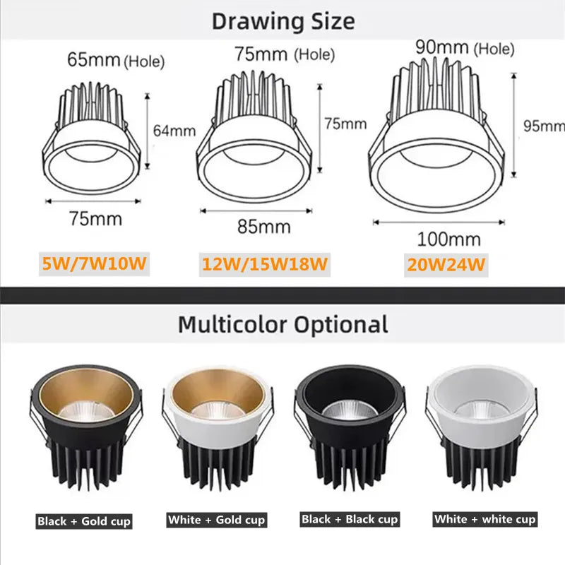 Dimmable Led Downlight Recessed Ceiling Lamp Spotlight Aluminum COB 110V 220V Home Office Store Spot led Hole 65/75/90mm