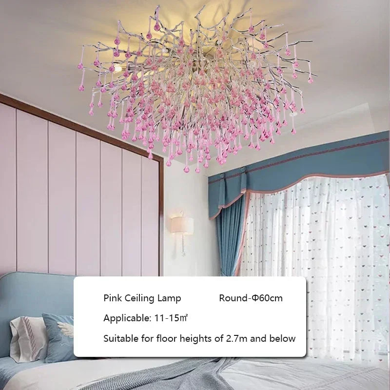 Light luxury living room pendant light creative girl pink branch shaped hall pendant branch water droplet restaurant