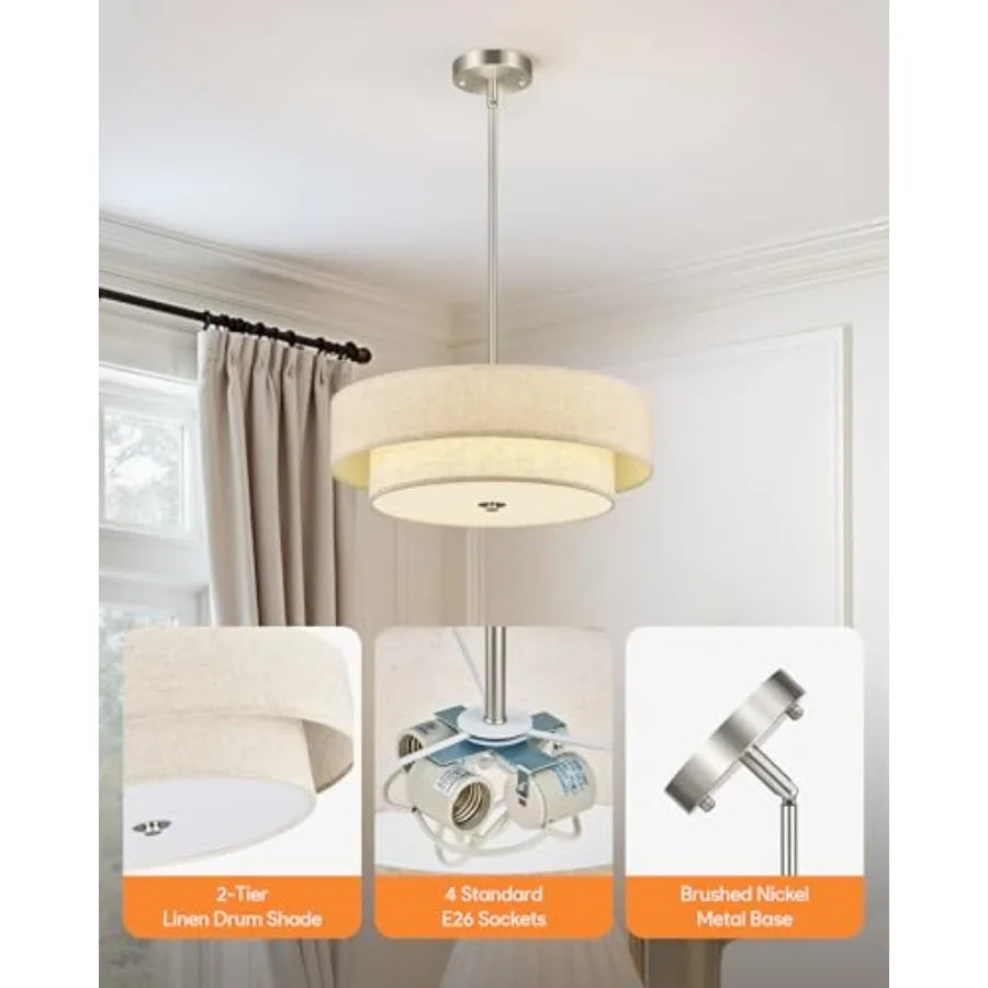 Modern Chandeliers 18" Drum Chandeliers with 2-Layer Fabric Shade 4-Light Pendant Light Fixture with E26 Base Light Fixture for
