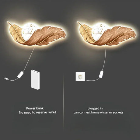 LED Wall Clock Light Luxury Large Art Clocks Living Room Decors Painting Wall Watch Feather Silent Clock Renog Home Decoration