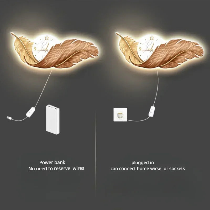 LED Wall Clock Light Luxury Large Art Clocks Living Room Decors Painting Wall Watch Feather Silent Clock Renog Home Decoration