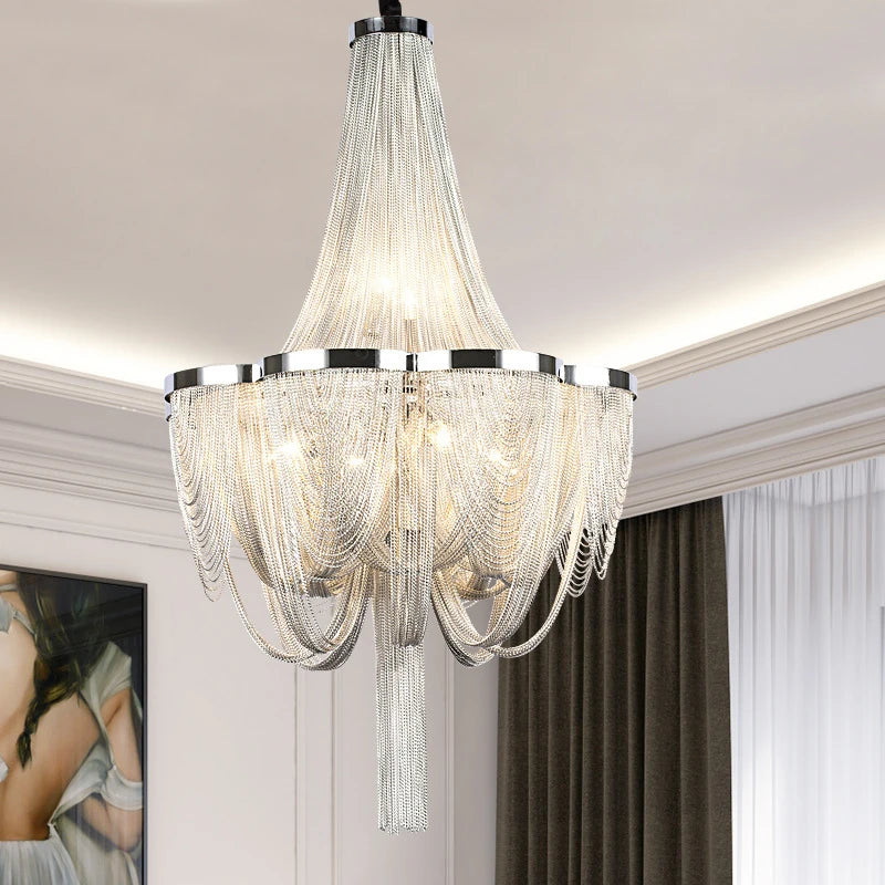  New Postmodern Light Luxury Personality Tassel Iron Living Room Chandelier Dining Room Bedroom Duplex Staircase Large